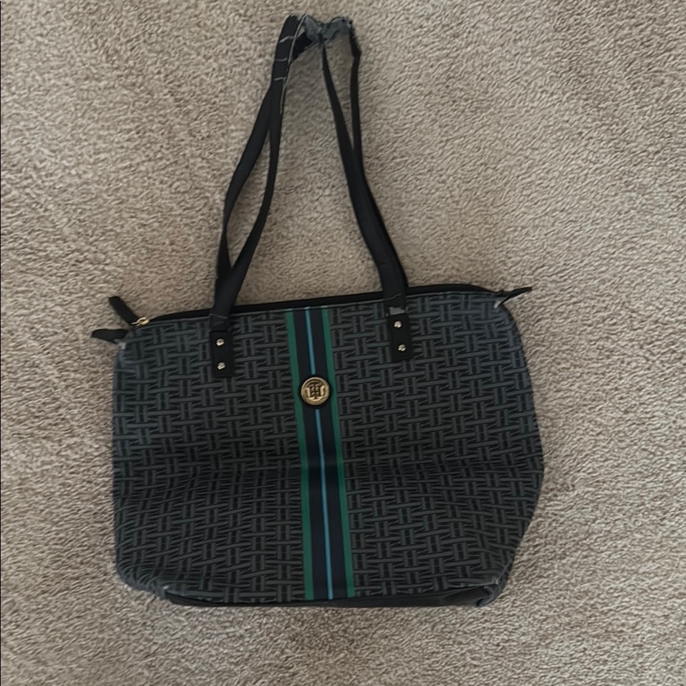 Tommy Hilfiger Black and Green Tote Bag with Textured Pattern